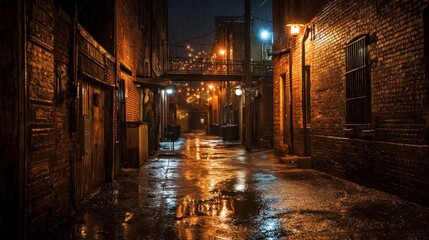 Fototapeta premium Beautiful photo of rainy Night in a Dark City Alley.