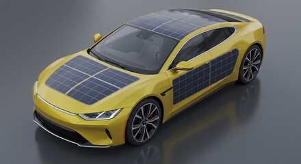 Generative AI luxury yellow electric car is covered with modern solar panels