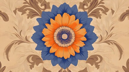 An intricate vintage wallpaper design featuring a prominent layered flower in vibrant orange and blue, set against a background of subtle, swirling floral and leafy patterns in shades