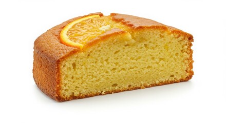 Isolated olive oil and orange cake slice on a plain background for dessert and food concept