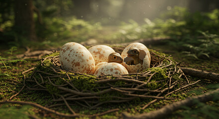 Fototapeta premium baby dinosaur hatching an egg with sibling in the jungle and forest 