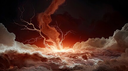 A surreal close-up of a burning, stormy cosmic landscape, featuring intense orange light and electricity erupting from a turbulent surface, surrounded by swirling, cloud-like formations