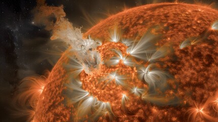 A dramatic close-up of the Sun's surface, depicting intense orange and white solar flares and plasma eruptions against the turbulent, fiery "skin" of the star, with a dark, starry background.