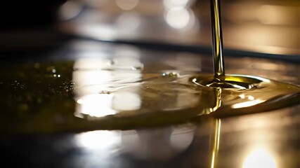 Stream of golden liquid pouring onto a dark surface with bright, out-of-focus spots - Powered by Adobe