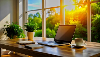 Fototapeta premium Cozy Workspace with Laptop Coffee and Plants by Bright Window Sunlight