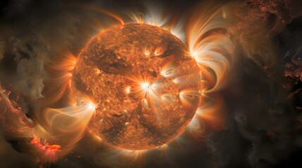 An up-close view of the Sun's surface, resembling a fiery, swirling orb with intense bright spots and prominent solar flares emanating outwards into a dark, nebulous cosmic background.