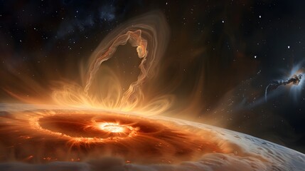 A dramatic, extreme close-up of a planetary or stellar surface, showcasing a massive, glowing orange and red explosion with swirling energy and plumes rising into a dark