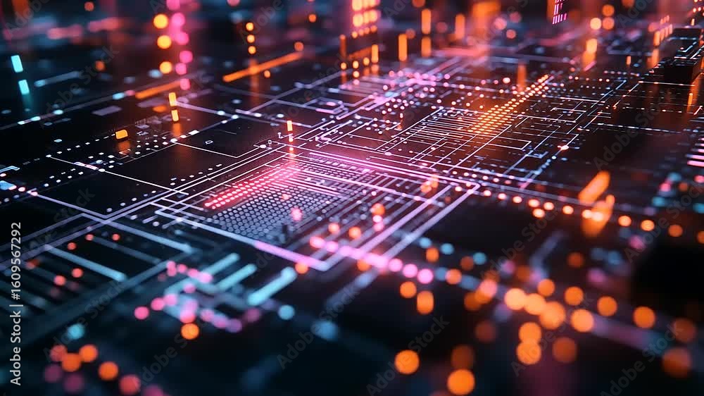 Aufkleber abstract digital landscape showcasing vibrant circuitry and glowing data points in a futuristic sett