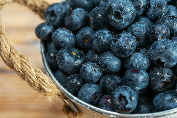 Rustic Bucket of Dewy Blueberries