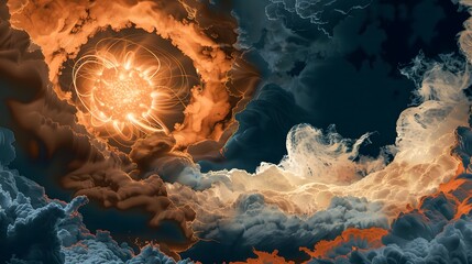 A fantastical yet scientific view of a swirling cosmic phenomenon, featuring a bright orange core emanating light amidst turbulent dark and orange nebulous clouds, with tendrils of energy throughout.