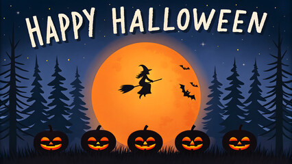 Happy Halloween night scene with witch and pumpkins