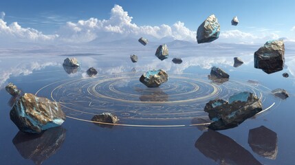 Beautiful photo of floating Glyphs and Stones Orbiting a Sacred Cosmic Circle.