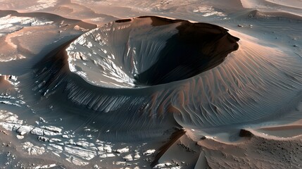 An aerial view of a Martian crater, showcasing its dark, sculpted interior and surrounding dusty, reddish-brown landscape with intricate patterns.