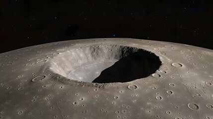 A close-up view of a large, shadowed crater on a celestial body, likely Mercury or the Moon, with countless smaller impact craters dotting its surface against a starry sky.