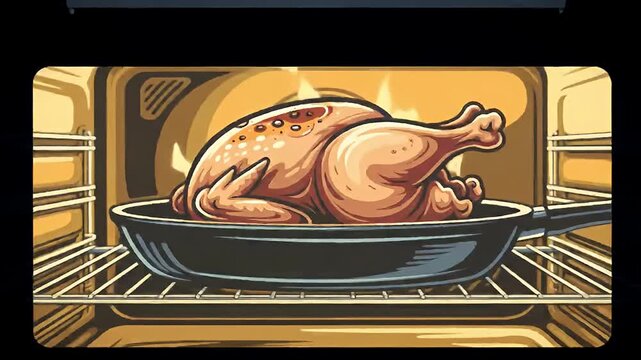 Cartoon style roasting turkey in oven in a pan, ready for a festive feast