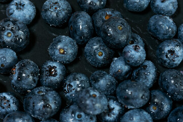 Dewy Blueberries on Dark Surface