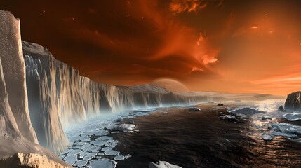 A dramatic landscape of Titan with towering cliffs overlooking a dark, icy lake under a fiery orange and red sky, with a hazy Saturn in the distance.