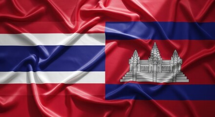 Satin flags of Thailand and Cambodia merging into a harmonious blend representing diplomatic