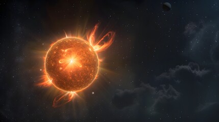 A vibrant depiction of the Sun as a main-sequence star, with luminous solar flares emanating from its surface, set against a dark, star-filled space with a distant planet.
