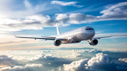 Fototapeta premium Commercial passenger airplane flying through a bright blue sky filled with fluffy white clouds during a beautiful sunny day