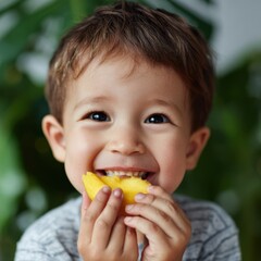 A young child happily eating a piece of fruit, smiling genuinely. Healthy eating, childhood. Authentic, bright.