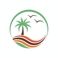 Fototapeta premium Green palm tree and birds flying over wavy lines in a circle wave