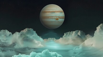 A serene, dreamlike depiction of a giant gas planet, likely Jupiter or Uranus, floating above a tranquil, glowing cloudscape and a calm liquid surface under a starry sky.