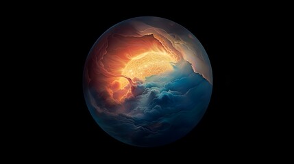 A stylized, abstract representation of a celestial body, possibly the Sun or a planet's core, with a bright, fiery center surrounded by swirling clouds of contrasting warm and cool tones