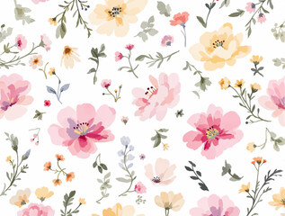 Watercolor pastel pink, lilac, and mint green flowers and leaves on a white background, Flower seamless pattern. Watercolor print in rustic vintage style, textile or wallpapers.