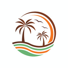 Stylized brown palm trees with green and orange wavy lines and birds on white background tropical