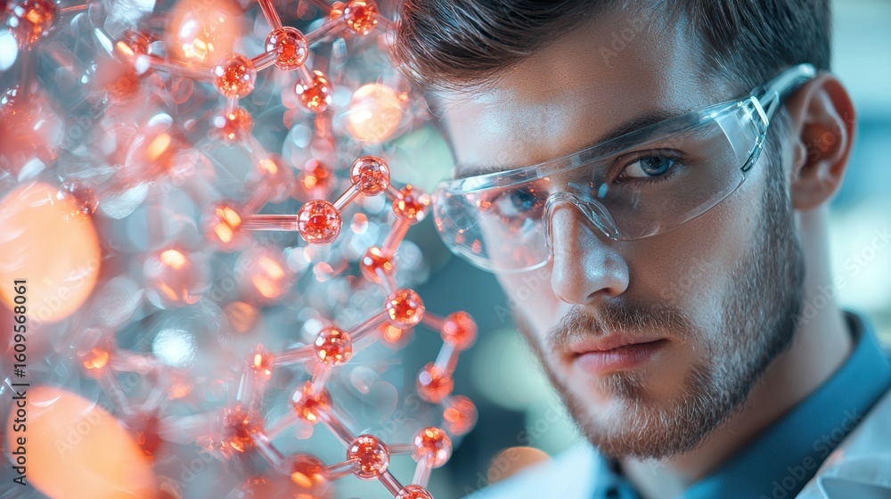 Poster molecular chemist studying the behavior of molecules under different conditions in a laboratory.