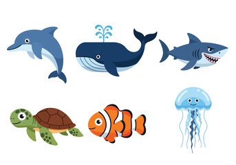 Obraz premium Cartoon illustration of six marine animals: dolphin, whale, shark, turtle, clownfish, and jellyfish, isolated on a white background.