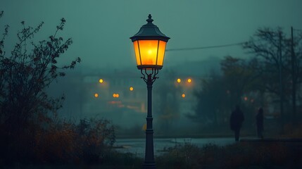 A vintage street lamp glows warmly in a misty, atmospheric urban setting at dusk, with blurred figures and distant lights adding to the mysterious ambiance.