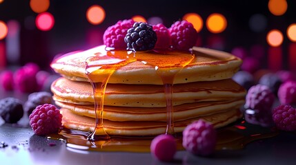 A delectable stack of golden pancakes generously drizzled with syrup and topped with fresh raspberries and a blackberry, against a blurred, vibrant background.