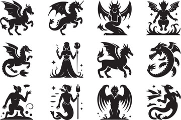 Fantasy creature silhouettes collection in black and white