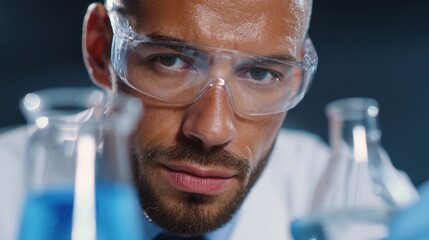 Chemist mixing reagents in glass beakers with focused expression