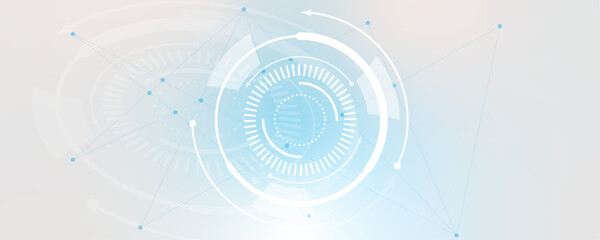 Abstract modern technology futuristic HUD circles communication elements background. Hi-tech communication network of blue lines and dots on a gray and blue background.
