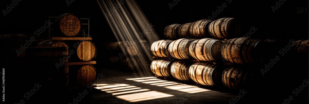 Poster barrels stacked in a cellar with light rays creating a dark ambiance and a clean right zone
