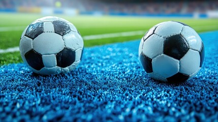 Two soccer balls on a vibrant blue field