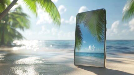 Phone reflecting tropical beach scene with palm trees and blue ocean water on a sunny day vacation