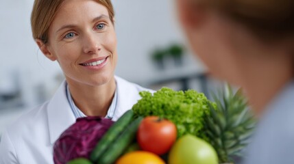 Nutritionist explaining healthy eating habits to a client, dietary guidance. Wellness, balanced. Clean.