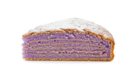Isolated lavender honey cake slice on white background for dessert and bakery concepts