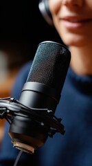Person recording a podcast with a professional microphone, audio content creation. Broadcasting, voice. Cozy studio.