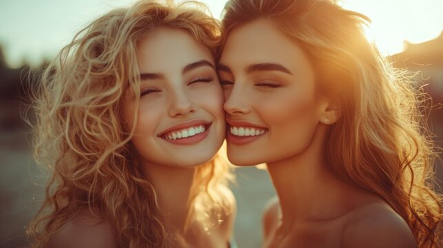 Two women, close, smiling, golden light