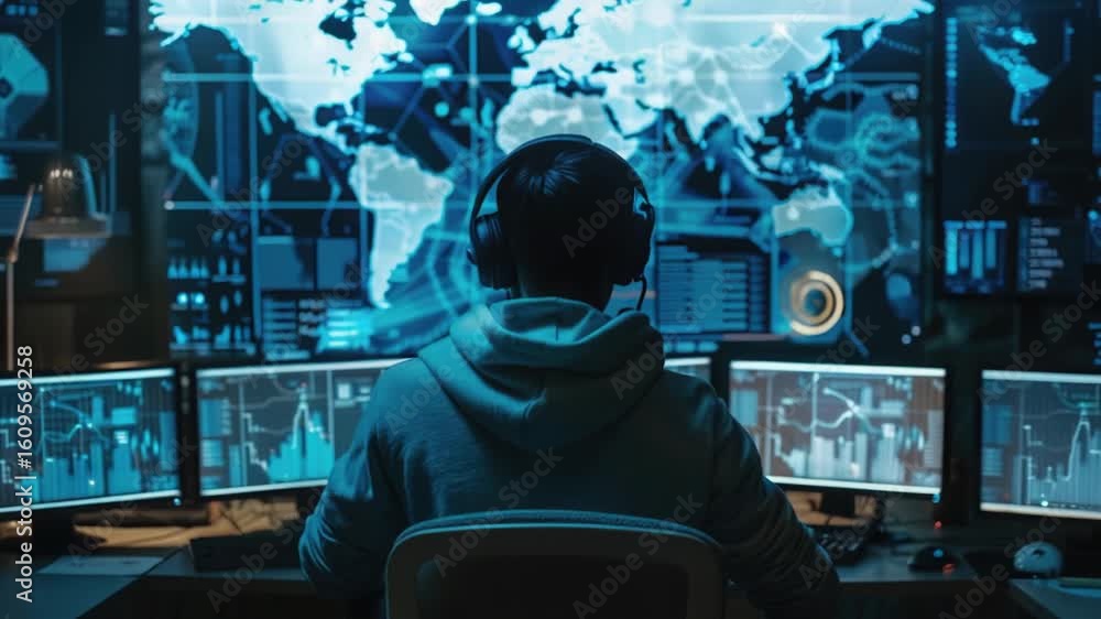 Poster a person sitting in front of several computer monitors, likely working or studying