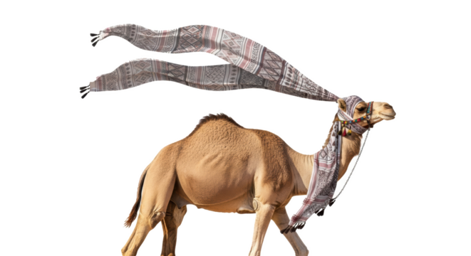 A camel adorned with a decorative head covering and flowing fabric against a black background space