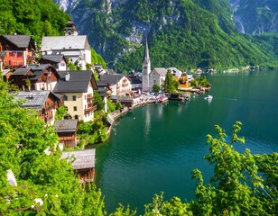 Fototapeta premium Picturesque alpine village nestled by a lake