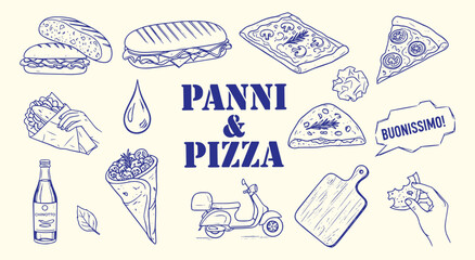 Panni & Pizza vector illustration set. Hand drawn blue line art of Italian street food like panini, pizza, and wraps for restaurant, menu, and fast casual design. © MH HASIB