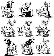 Bull and cow figures on toilets sitting bathroom