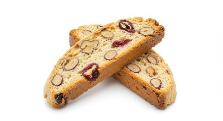 cranberry walnut biscotti isolated on a white background for bakery and dessert photography
